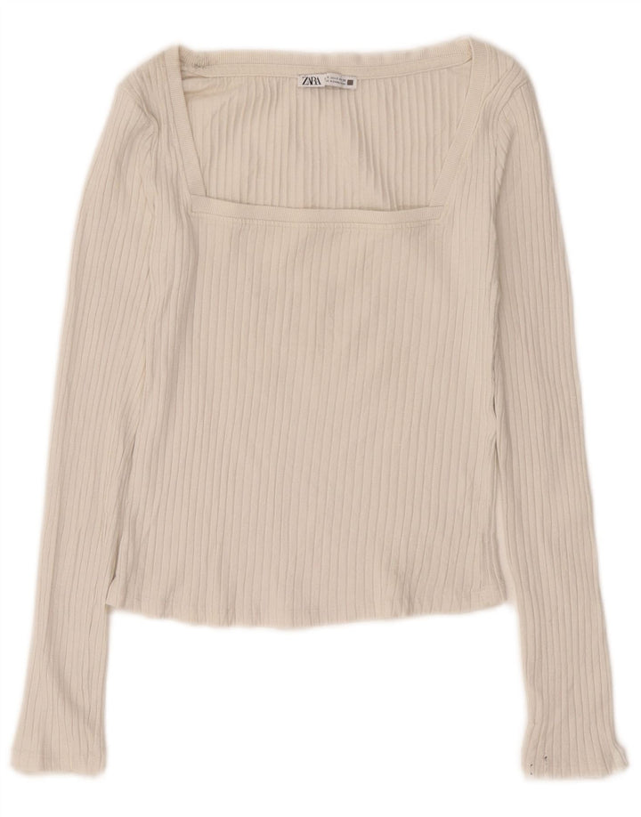 Zara Womens Crop Top Long Sleeve UK 10 Small Beige