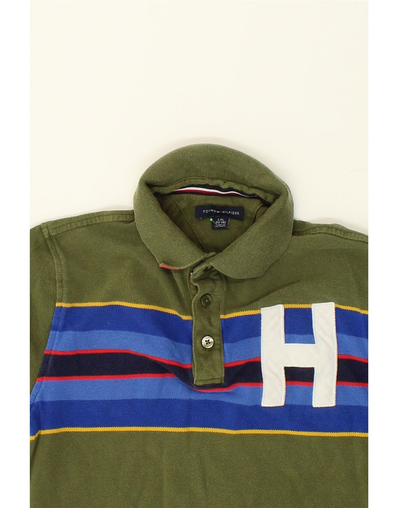 TOMMY HILFIGER Boys Graphic Polo Shirt 12-13 Years Large Khaki Cotton | Vintage Tommy Hilfiger | Thrift | Second-Hand Tommy Hilfiger | Used Clothing | Messina Hembry 