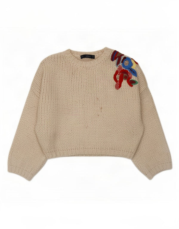 Zara Womens Oversized Crew Neck Jumper Sweater UK 14 Medium Beige Floral