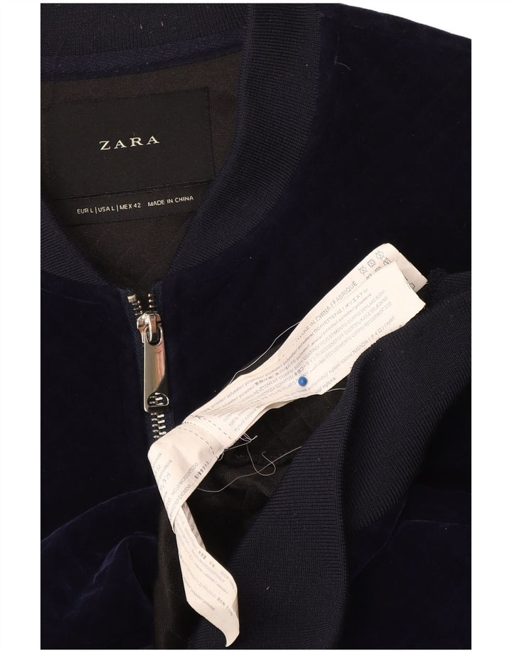Zara Mens Velour Bomber Jacket UK 40 Large Navy Blue Polyester