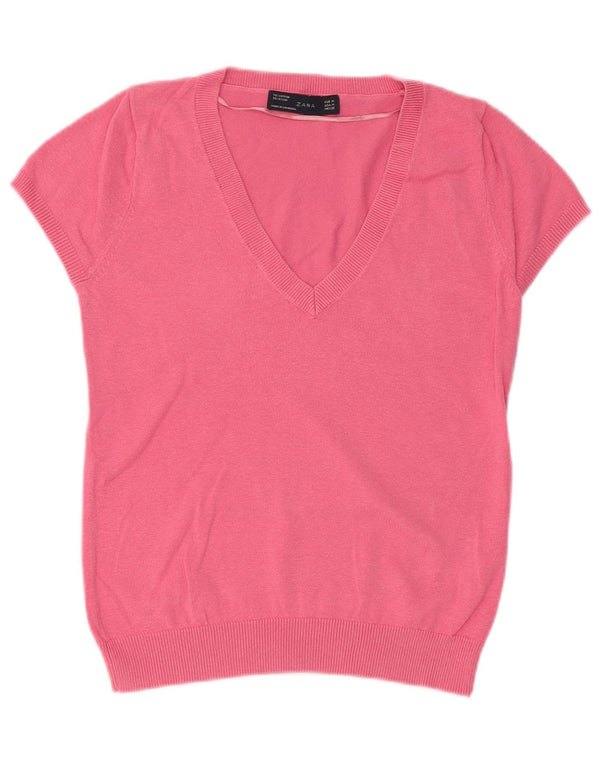 Zara Womens Short Sleeve V-Neck Jumper Sweater UK 12 Medium Pink Cotton