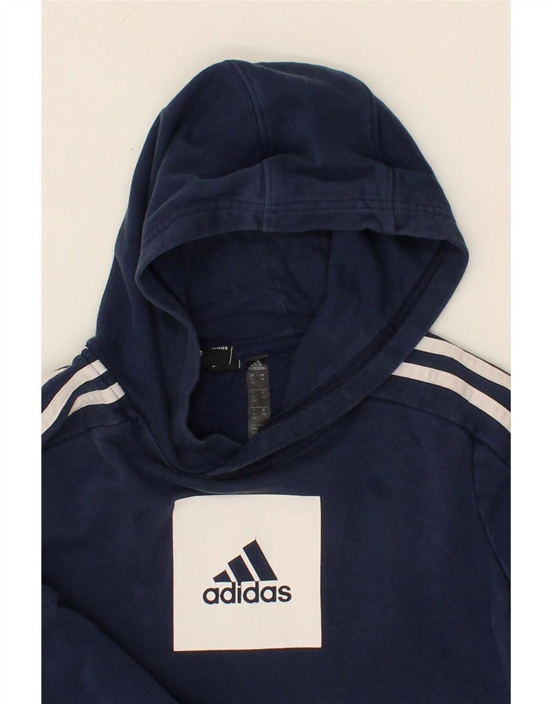 ADIDAS Boys Graphic Hoodie Jumper 11-12 Years Navy Blue Cotton Vintage Adidas and Second-Hand Adidas from Messina Hembry 