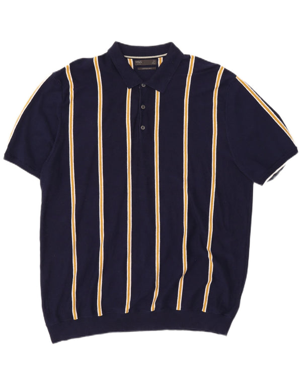 Marks & Spencer Mens Polo Neck Jumper Sweater 2XL Navy Blue Striped