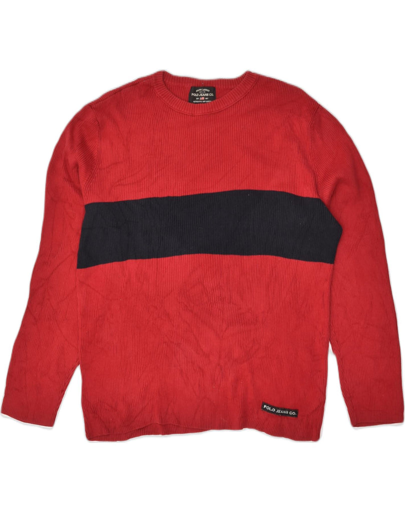 POLO RALPH LAUREN Mens Crew Neck Jumper Sweater Medium Red Colourblock | Vintage Polo Ralph Lauren | Thrift | Second-Hand Polo Ralph Lauren | Used Clothing | Messina Hembry 