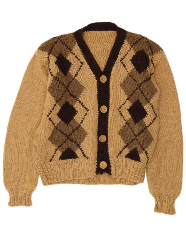 Vintage Womens Cardigan Sweater UK 14 Medium Beige Argyle/Diamond