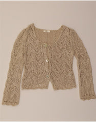 VINTAGE Womens Crop Crochet Cardigan Top UK 12 Medium Beige Cotton