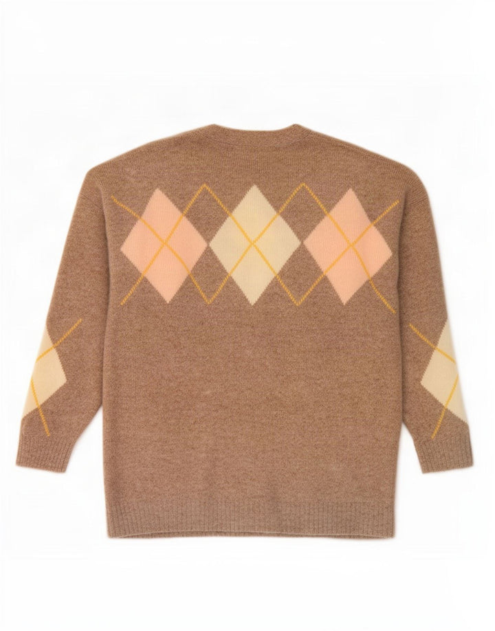 Gazelle Womens Cardigan Sweater UK 14 Medium Beige Argyle/Diamond Lambswool