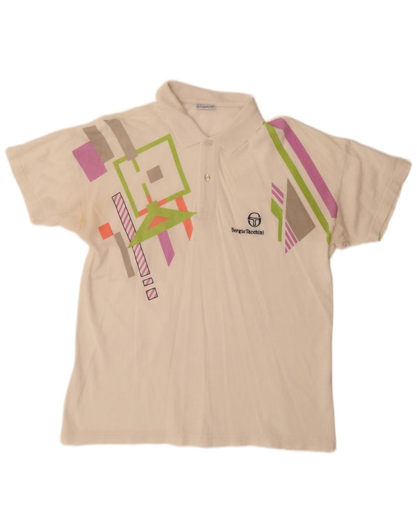 SERGIO TACCHINI Mens Polo Shirt EU 50 Medium Off White Geometric Cotton