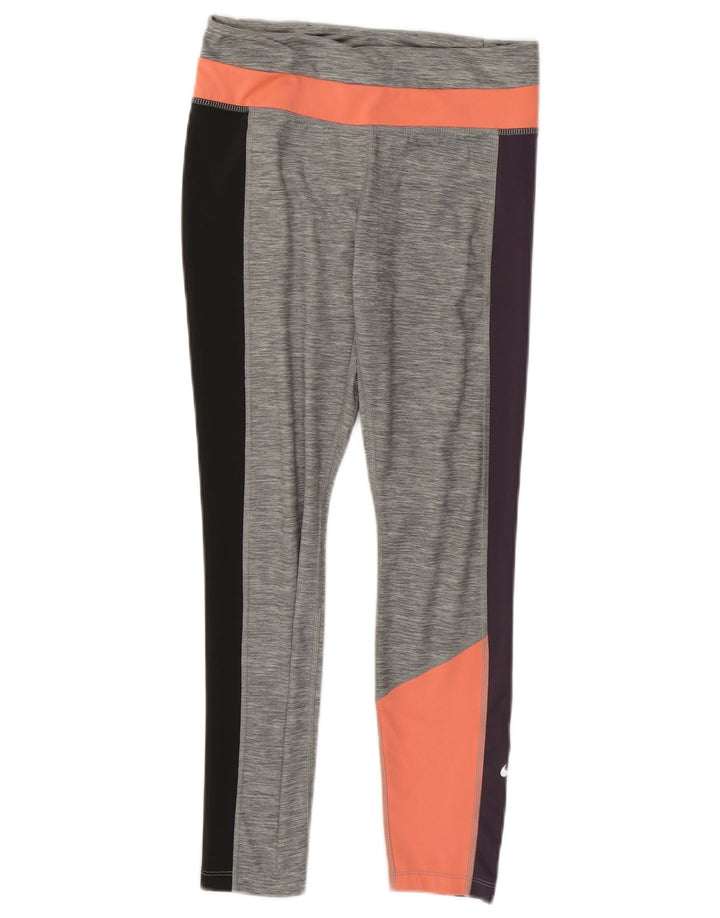 Nike Womens Dri Fit Crop Leggings UK 12 Medium Grey Colourblock Polyester