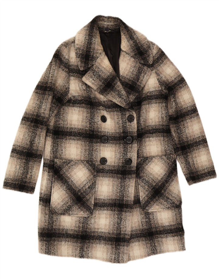 Marks & Spencer Womens Double Breasted Coat UK 14 Large Beige Check