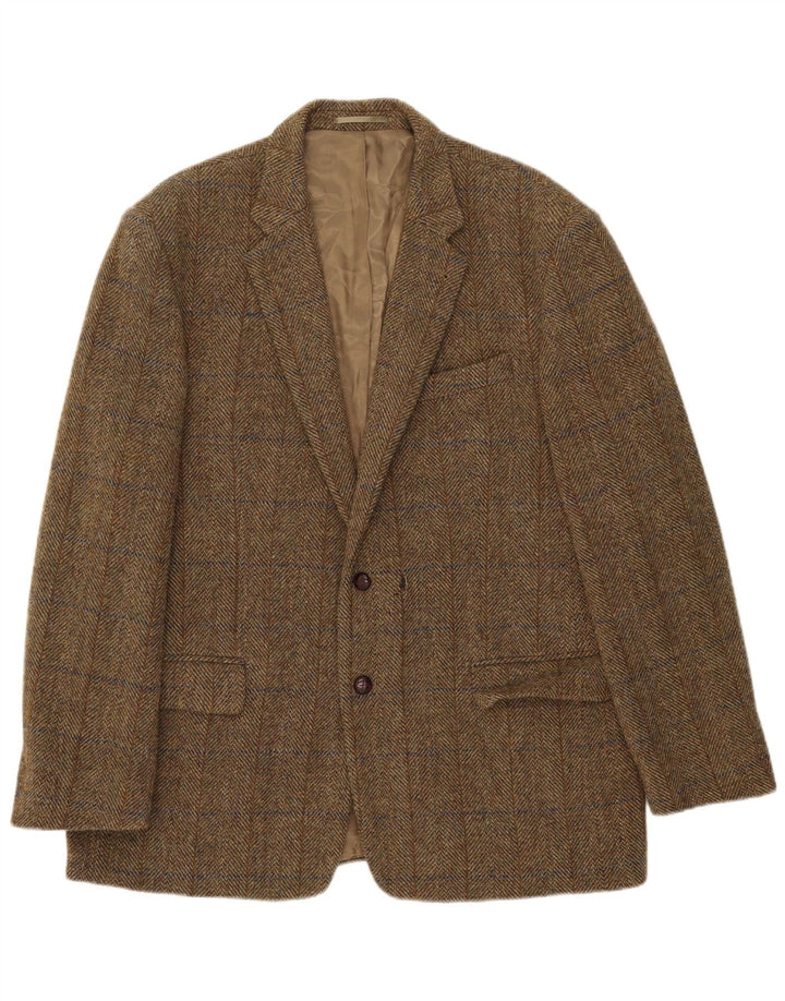 HARRIS TWEED Mens 2 Button Blazer Jacket UK 44 2XL Khaki Check Wool