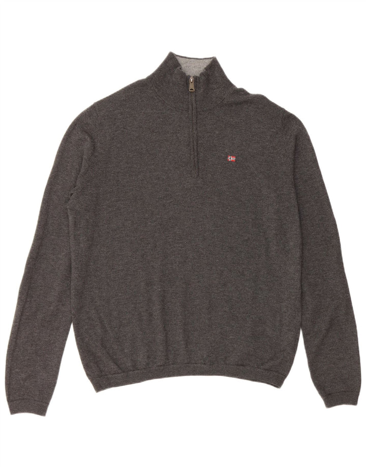 NAPAPIJRI Mens Geographic Zip Neck Jumper Sweater Medium Grey Merino Wool