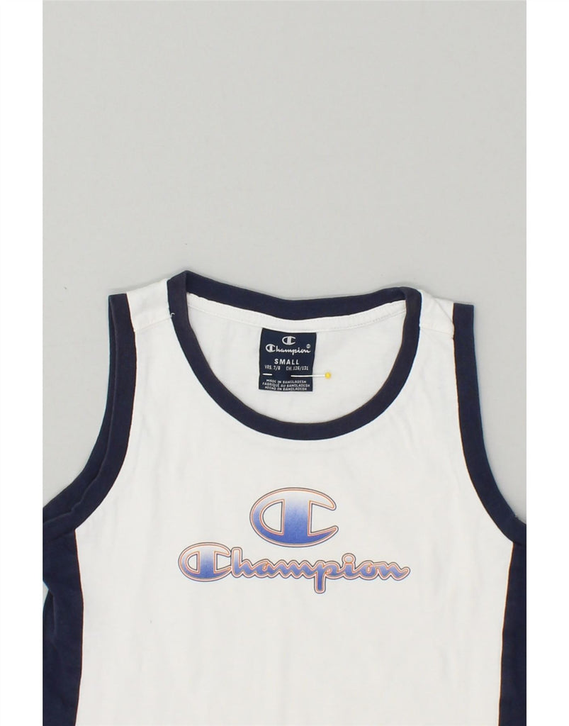 CHAMPION Boys Graphic Vest Top 7-8 Years Small White Colourblock Cotton | Vintage Champion | Thrift | Second-Hand Champion | Used Clothing | Messina Hembry 