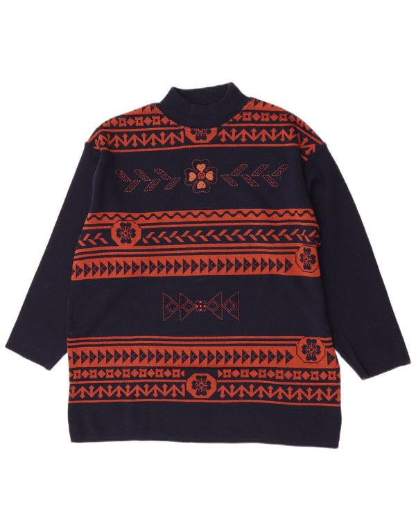 Vintage Womens Turtle Neck Jumper Sweater UK 14 Large Navy Blue Geometric