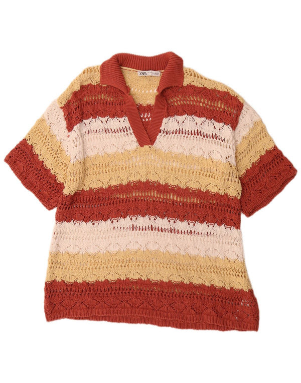 Zara Womens Loose Fit Knit Polo Shirt UK 16 Large Multicoloured Striped