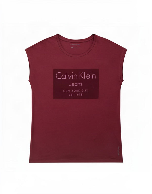 Calvin Klein Jeans Womens Graphic T-Shirt Top UK 14 Medium Burgundy Cotton