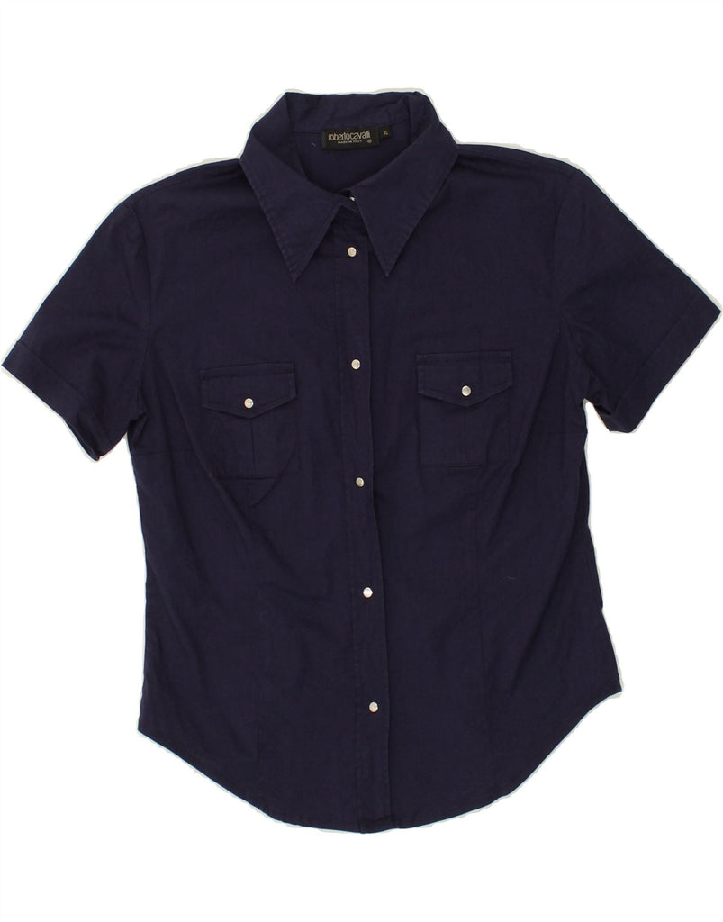 ROBERTO CAVALLI Womens Slim Short Sleeve Shirt UK 18 XL Navy Blue Cotton | Vintage Roberto Cavalli | Thrift | Second-Hand Roberto Cavalli | Used Clothing | Messina Hembry 