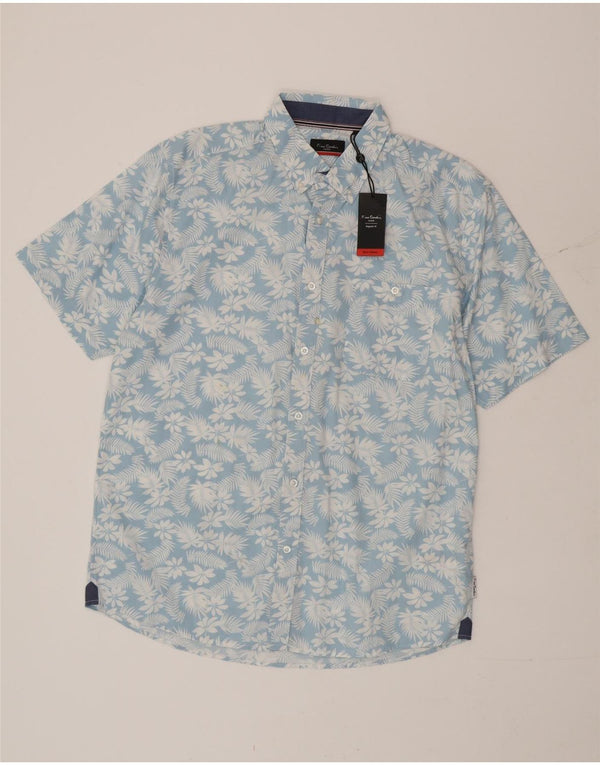 Pierre Cardin Mens Short Sleeve Shirt Large Blue Floral Cotton