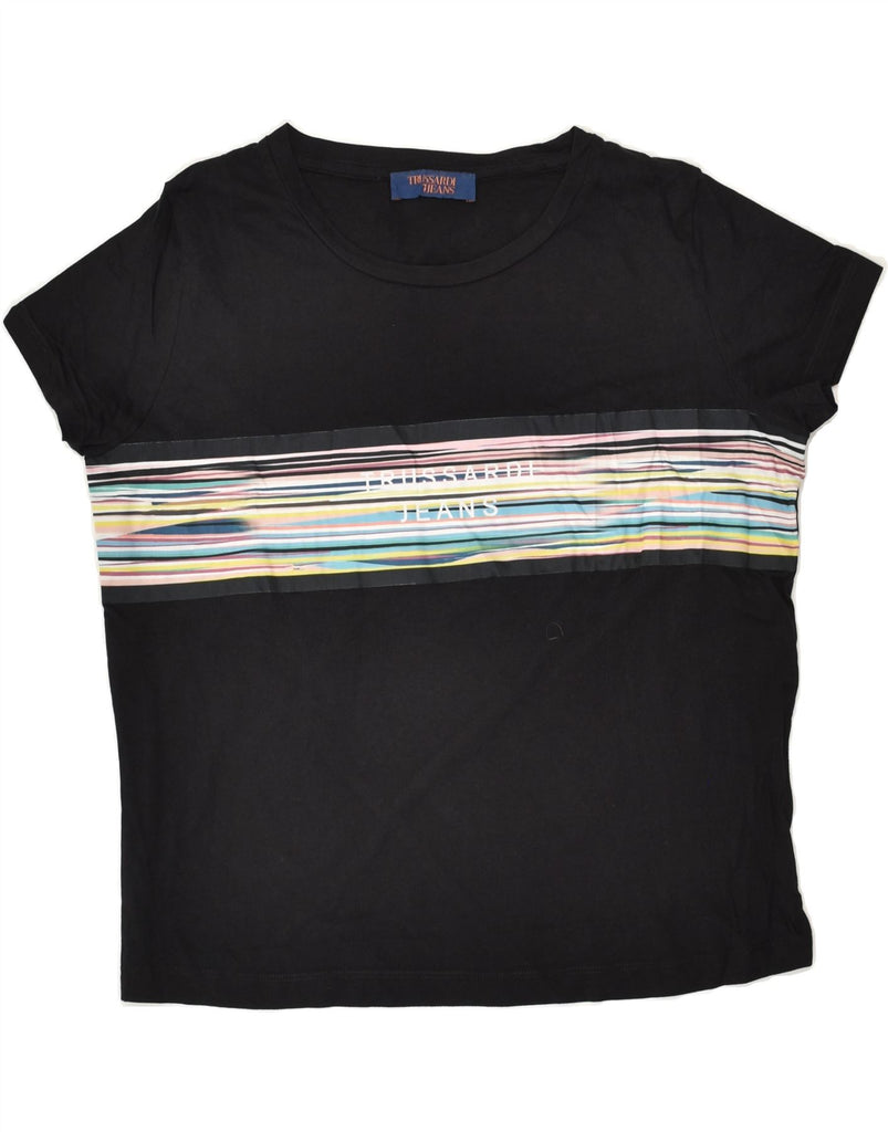 TRUSSARDI Womens Graphic T-Shirt Top UK 14 Medium Black Striped | Vintage Trussardi | Thrift | Second-Hand Trussardi | Used Clothing | Messina Hembry 