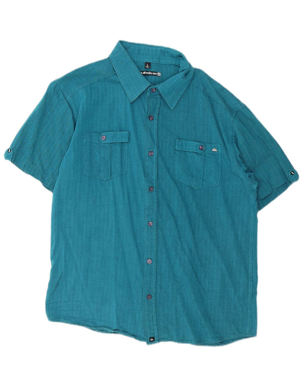 Quiksilver Mens Short Sleeve Shirt Large Blue Herringbone Cotton