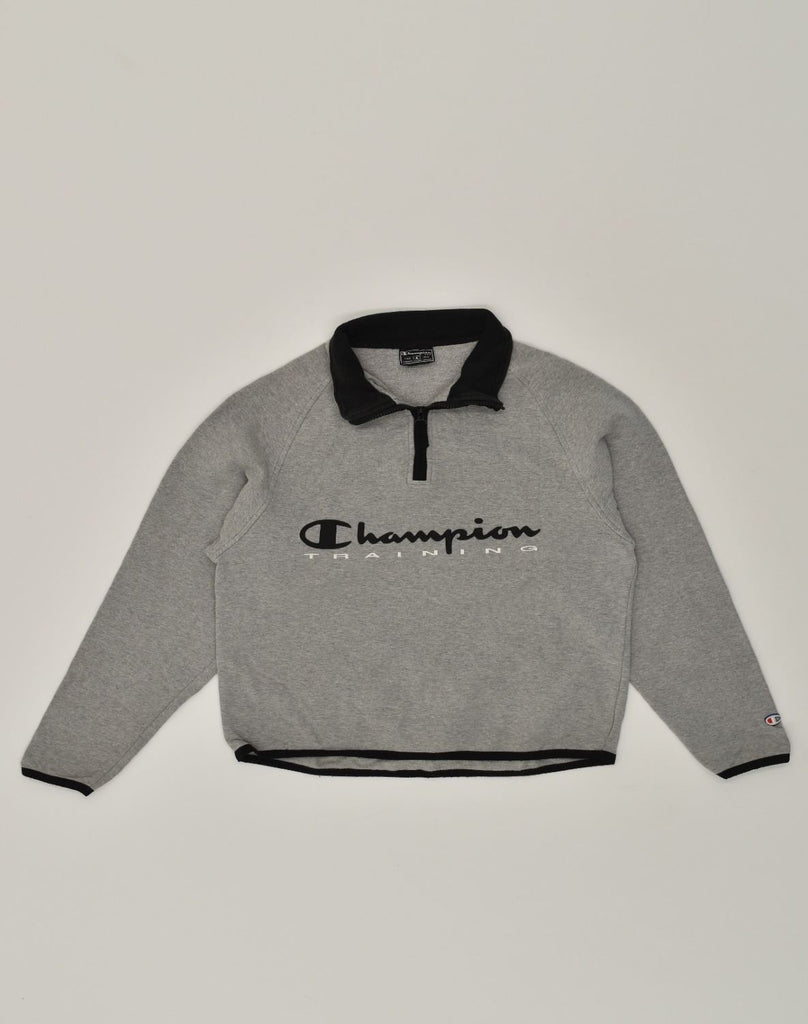 CHAMPION Boys Graphic Zip Neck Sweatshirt Jumper 12-13 Years Grey Cotton | Vintage Champion | Thrift | Second-Hand Champion | Used Clothing | Messina Hembry 