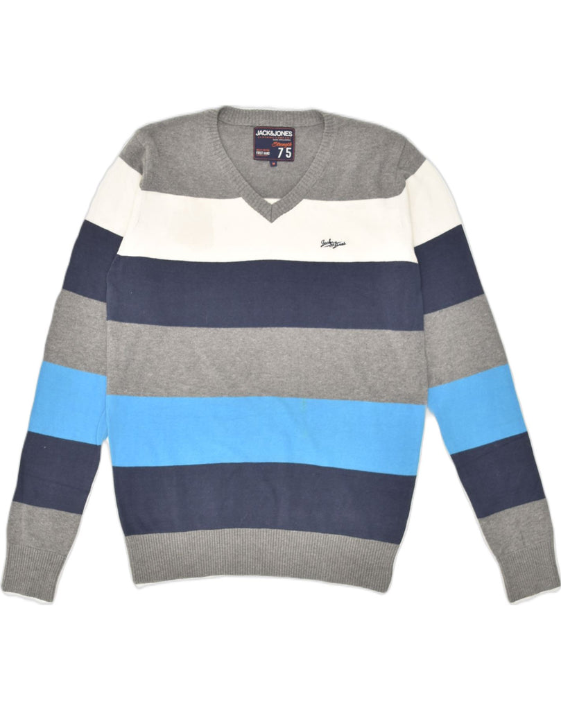 JACK & JONES Mens V-Neck Jumper Sweater Medium Grey Striped Cotton | Vintage Jack & Jones | Thrift | Second-Hand Jack & Jones | Used Clothing | Messina Hembry 