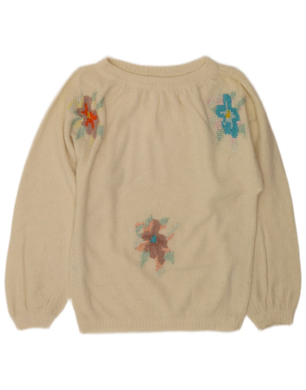 Vintage Womens Boat Neck Jumper Sweater UK 12 Medium Off White Floral