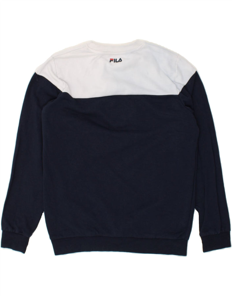 FILA Boys Graphic Sweatshirt Jumper 13-14 Years Navy Blue Colourblock | Vintage Fila | Thrift | Second-Hand Fila | Used Clothing | Messina Hembry 