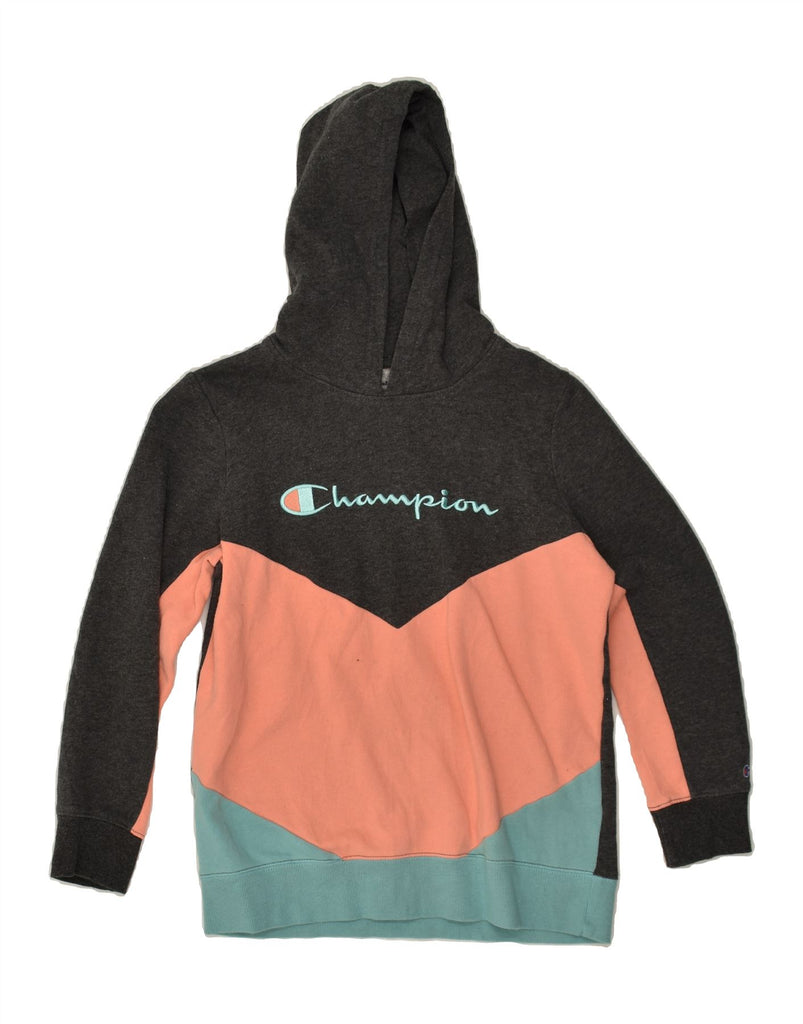 CHAMPION Womens Slim Graphic Hoodie Jumper UK 18 XL Grey Colourblock | Vintage Champion | Thrift | Second-Hand Champion | Used Clothing | Messina Hembry 