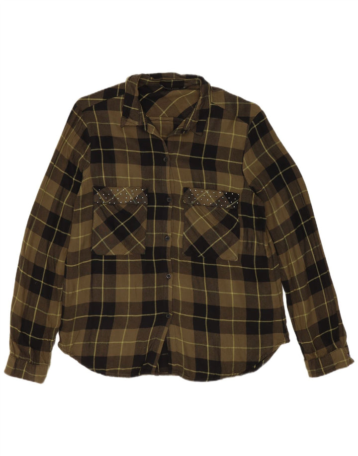 Zara Womens Flannel Shirt UK 14 Medium Green Check Viscose