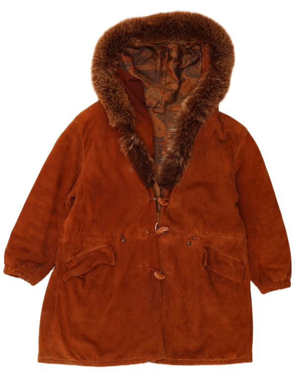Vintage Womens Oversized Hooded Suede Overcoat IT 44 Medium Brown Leather