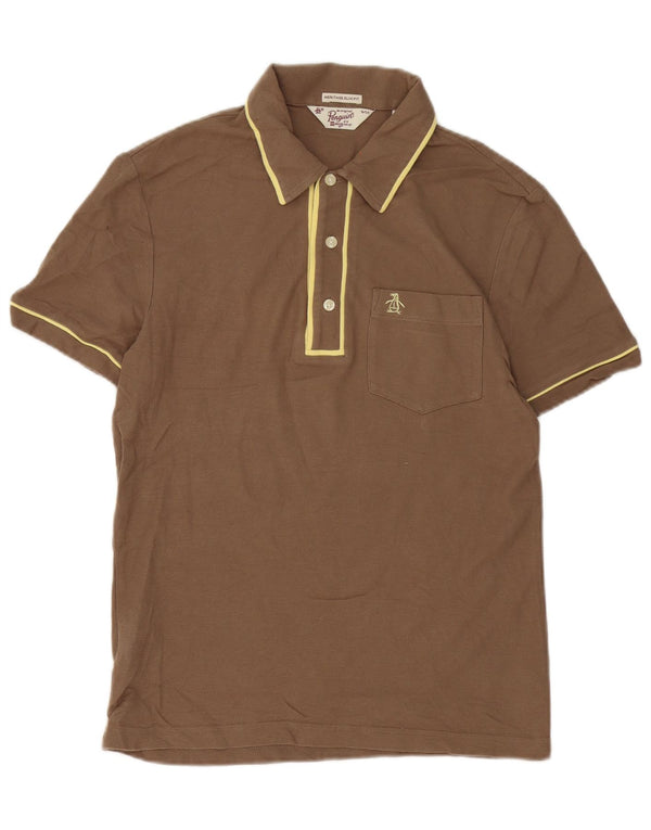 Penguin Mens Heritage Slim Fit Polo Shirt Small Brown Striped Cotton