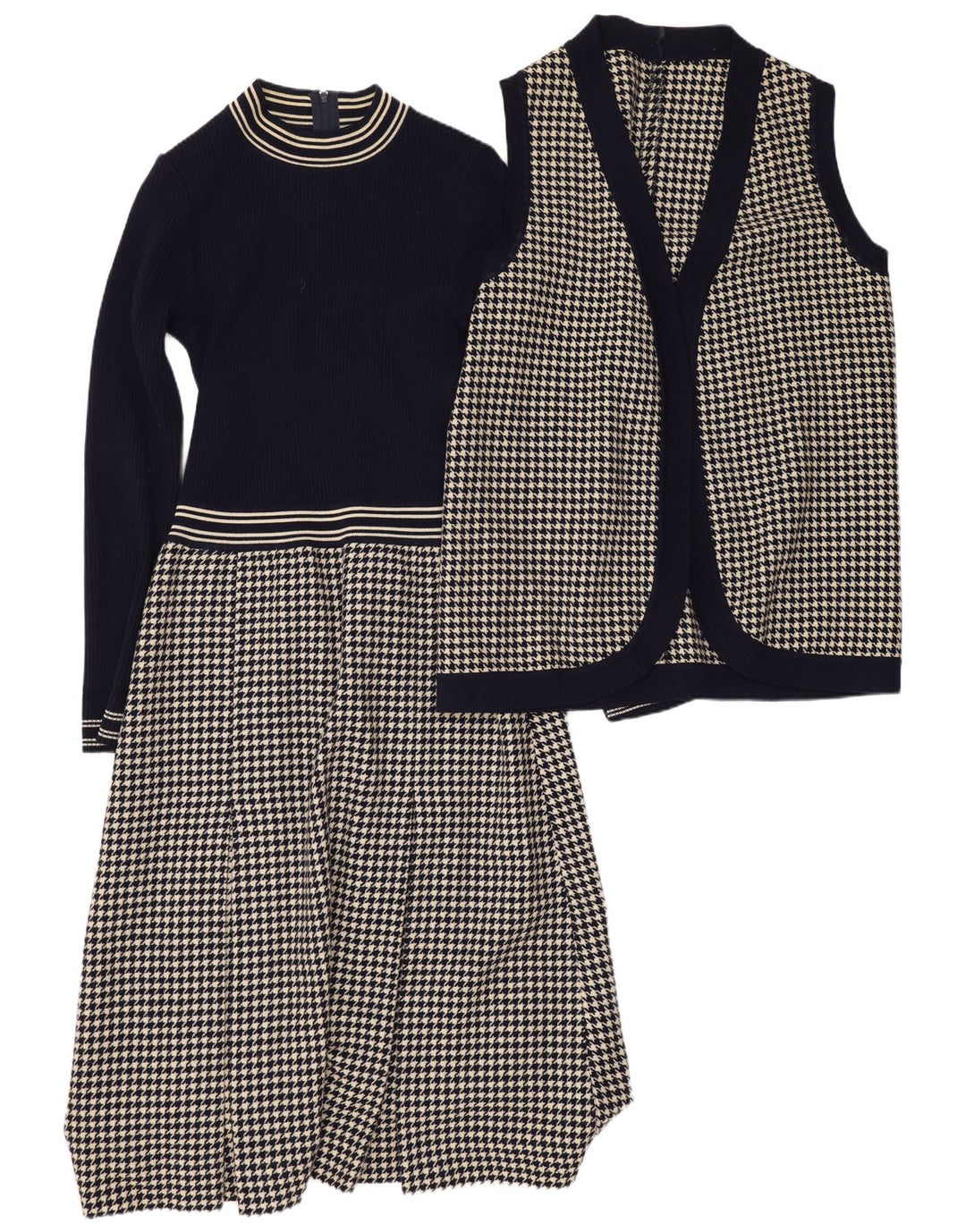 Vintage Womens 2 Piece Set UK 12 Medium Navy Blue Houndstooth