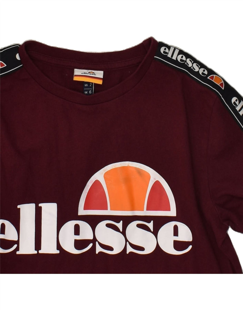 ELLESSE Womens Graphic Top Long Sleeve UK 6 XS Burgundy Cotton | Vintage Ellesse | Thrift | Second-Hand Ellesse | Used Clothing | Messina Hembry 