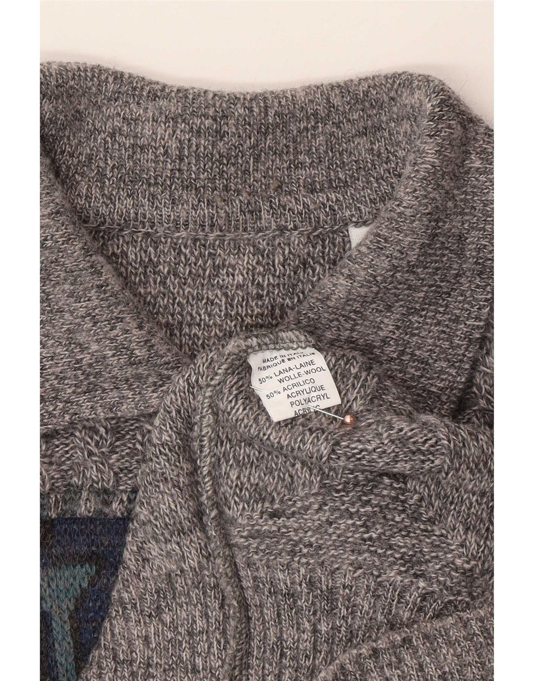 Vintage Mens Polo Neck Jumper Sweater Large Grey Geometric Wool