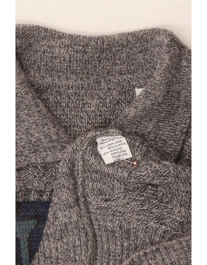 Vintage Mens Polo Neck Jumper Sweater Large Grey Geometric Wool