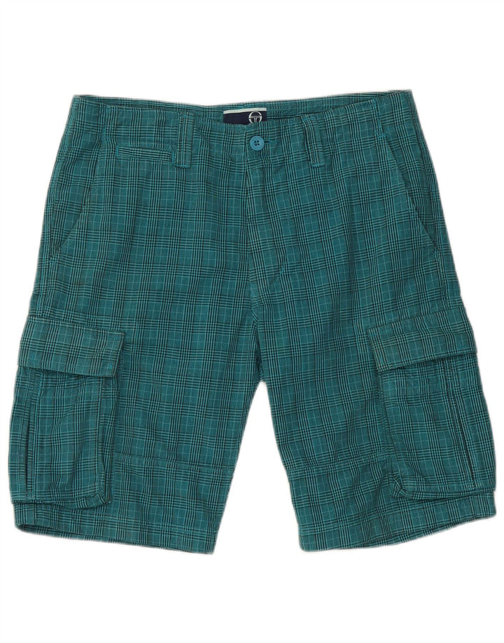Sergio Tacchini Mens Cargo Shorts IT 48 Medium W32 Blue Check Cotton