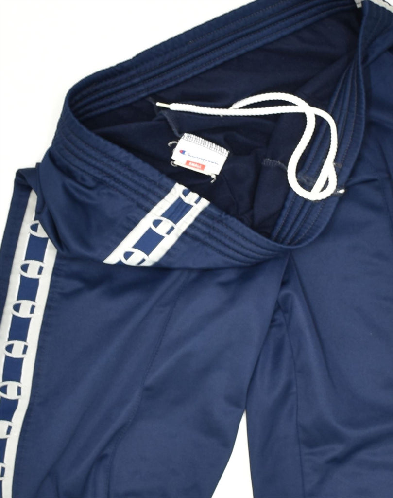 CHAMPION Mens Graphic Tracksuit Trousers Small Navy Blue Polyester | Vintage Champion | Thrift | Second-Hand Champion | Used Clothing | Messina Hembry 