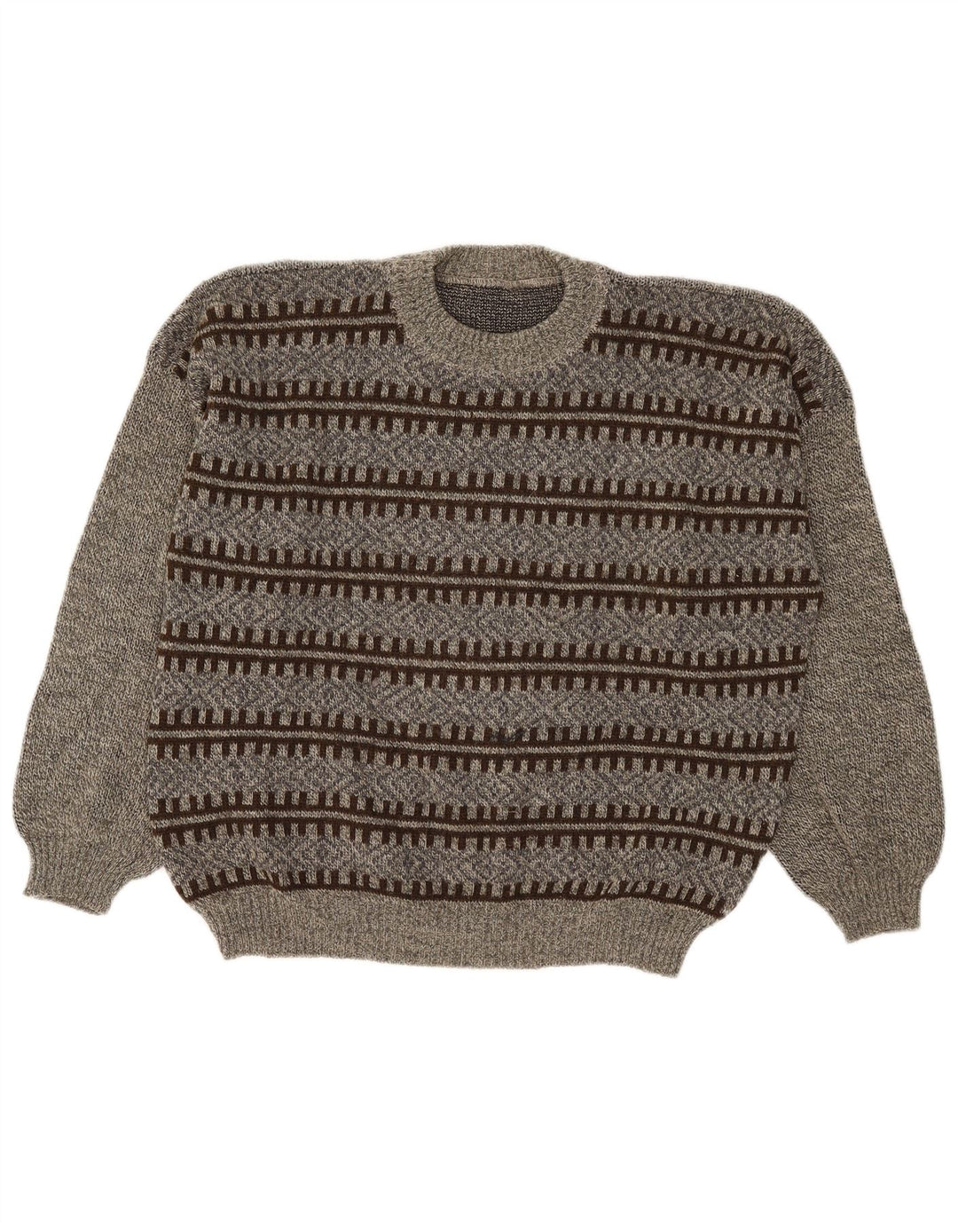 Vintage Mens Crew Neck Jumper Sweater Large Grey Geometric