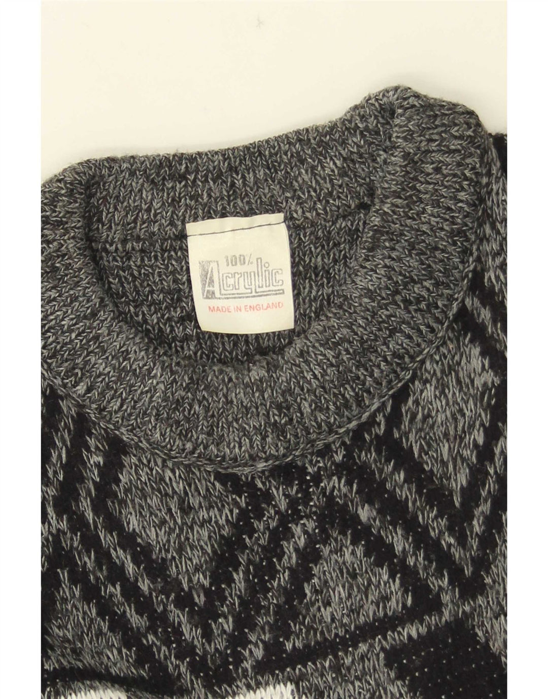 Vintage Mens Crew Neck Jumper Sweater Medium Grey Geometric Acrylic