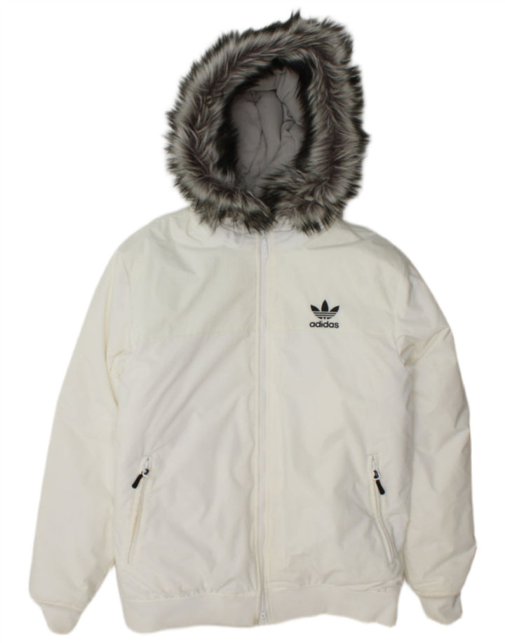 Adidas Mens Hooded Padded Bomber Jacket UK 38 Medium White Nylon
