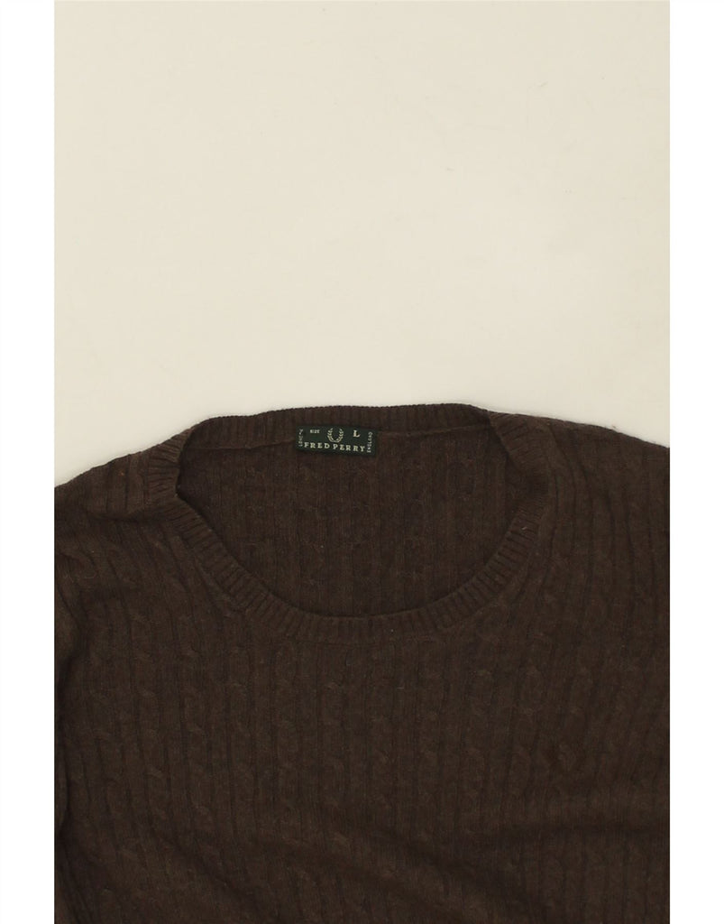 FRED PERRY Womens Crew Neck Jumper Sweater UK 14 Large Brown Wool | Vintage Fred Perry | Thrift | Second-Hand Fred Perry | Used Clothing | Messina Hembry 