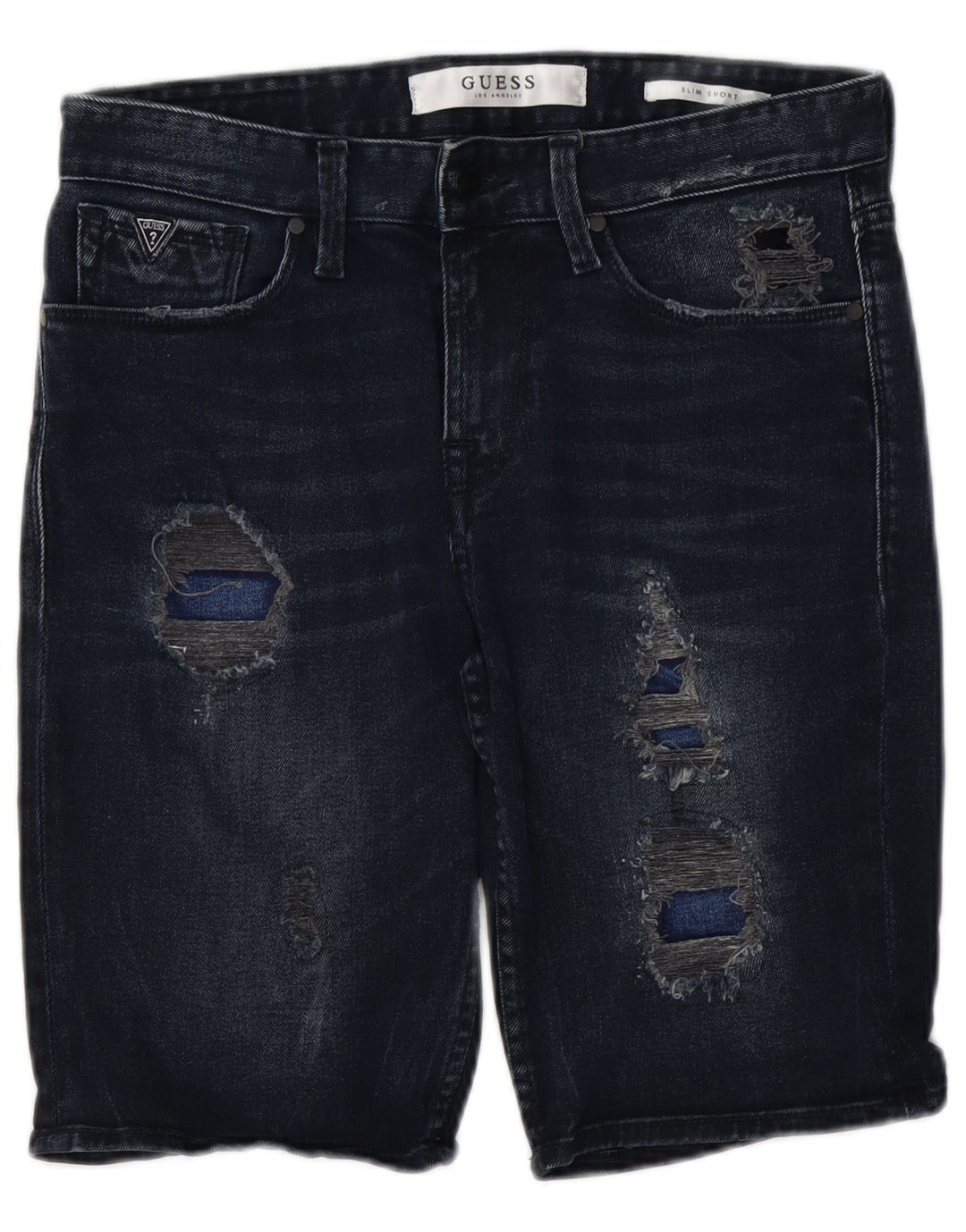 GUESS Mens Slim Distressed Denim Shorts W30 Medium Navy Blue Cotton