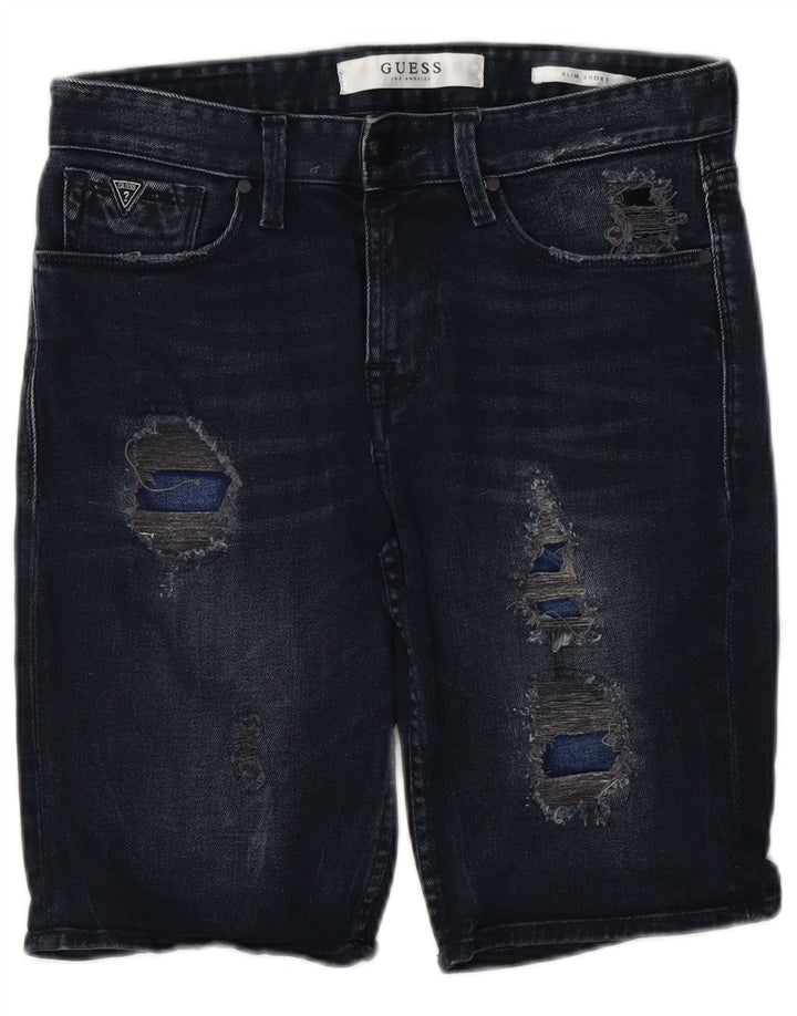 GUESS Mens Slim Distressed Denim Shorts W30 Medium Navy Blue Cotton