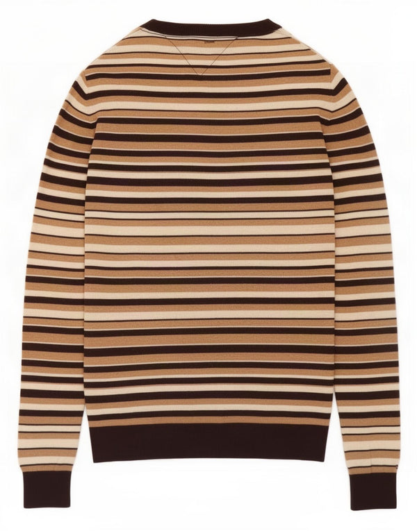 Tommy Hilfiger Womens V-Neck Jumper Sweater UK 14 Medium Beige Striped