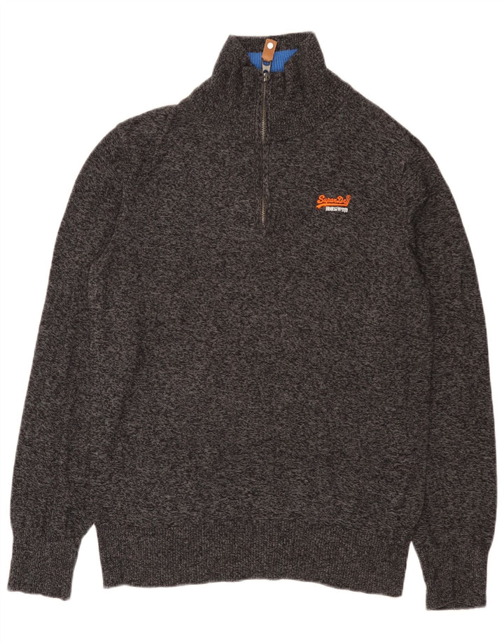 Superdry Mens Zip Neck Jumper Sweater Large Grey Flecked Cotton