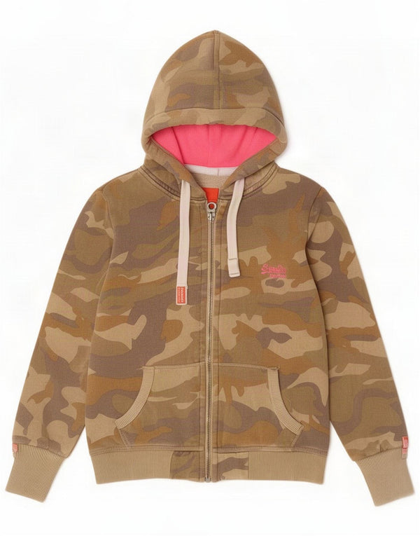 Superdry Womens Zip Hoodie Sweater UK 10 Small Khaki Camouflage Cotton