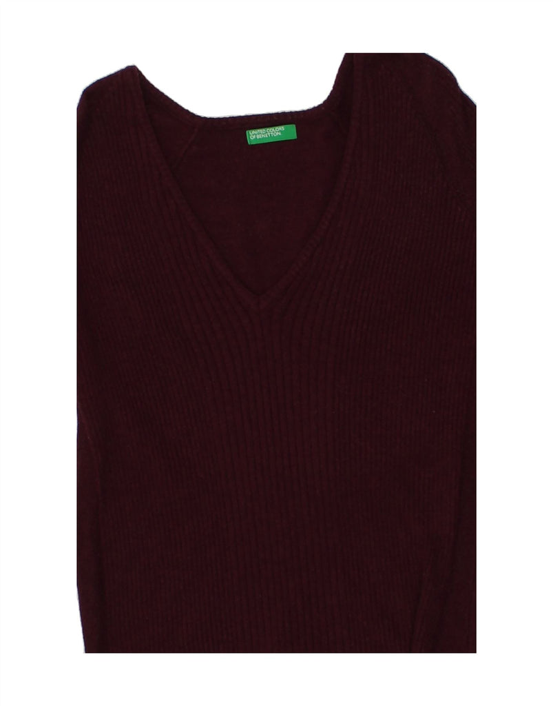 BENETTON Womens Crop V-Neck Jumper Sweater UK 8 Small Burgundy Nylon | Vintage Benetton | Thrift | Second-Hand Benetton | Used Clothing | Messina Hembry 