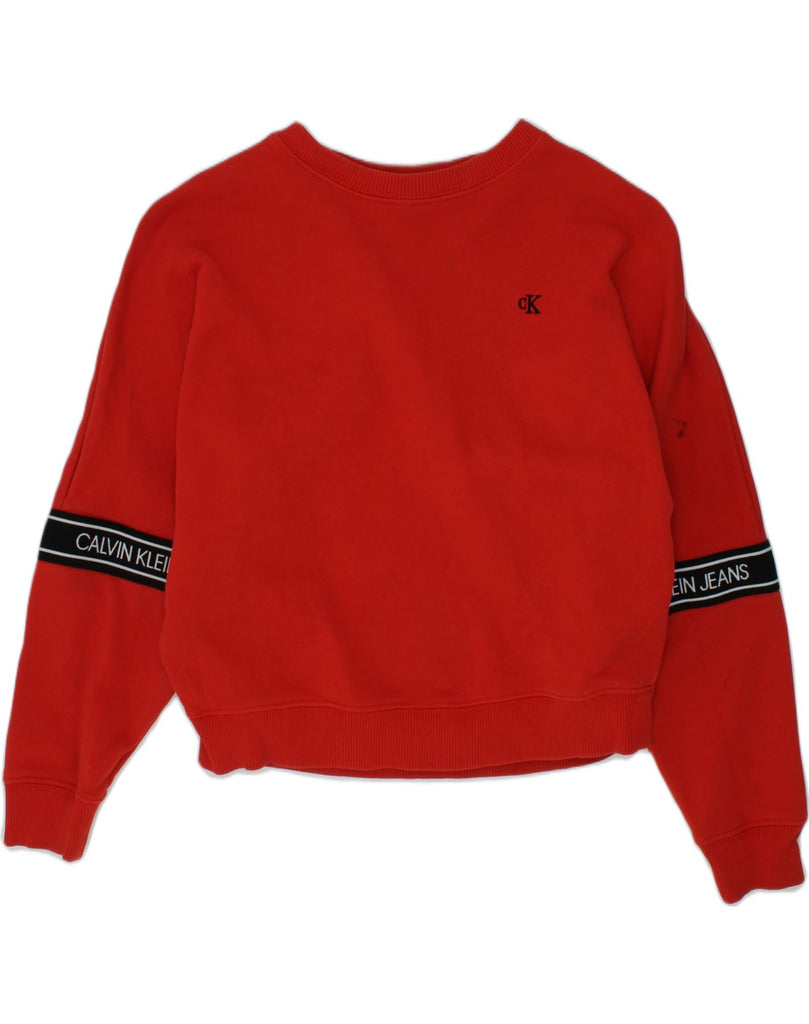 CALVIN KLEIN Girls Crop Graphic Sweatshirt Jumper 7-8 Years Red Cotton | Vintage Calvin Klein | Thrift | Second-Hand Calvin Klein | Used Clothing | Messina Hembry 