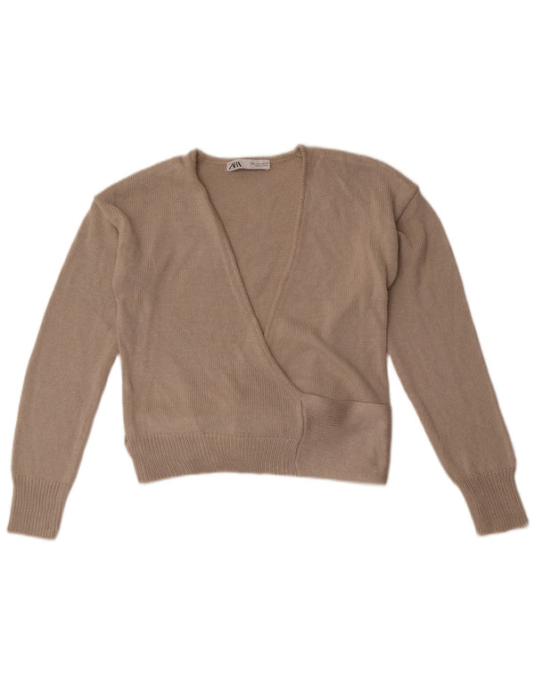 Zara Womens Crop Wrap Cardigan Sweater UK 10 Small Grey Acrylic